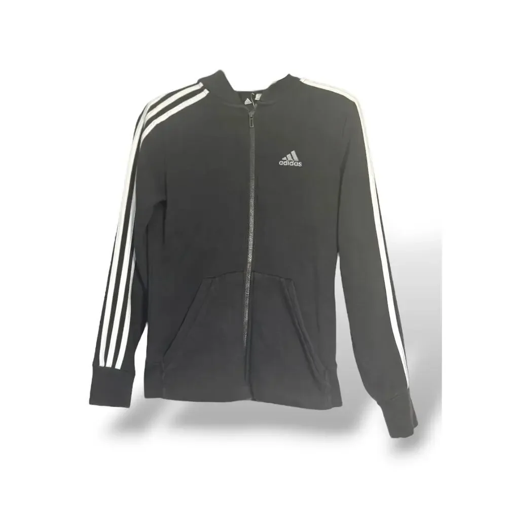 Adidas Black 3-Stripes Full Zip Hoodie Youth Medium Athletic Jacket Size 10-12